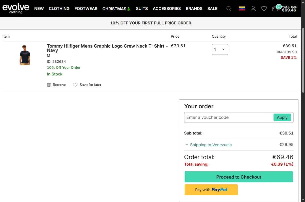 Evolve Clothing checkout page showing Evolve Clothing promo code box | Screenshot taken by SimplyCodes community member on Nov 24, 2025