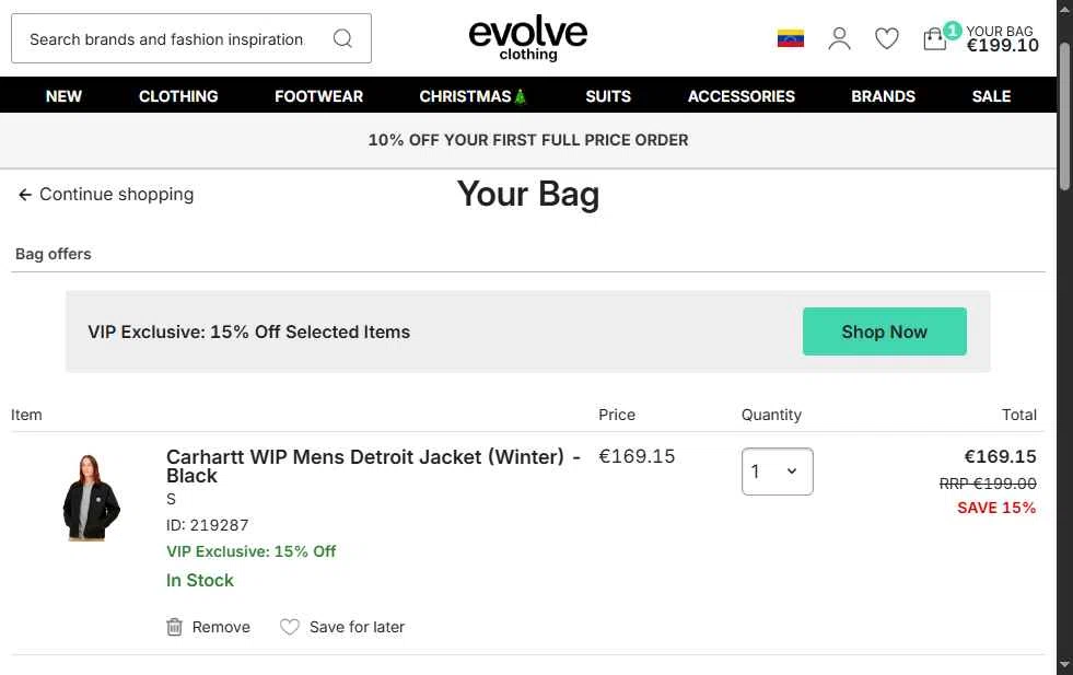Evolve Clothing checkout page showing Evolve Clothing promo code box | Screenshot taken by SimplyCodes community member on Dec 26, 2025