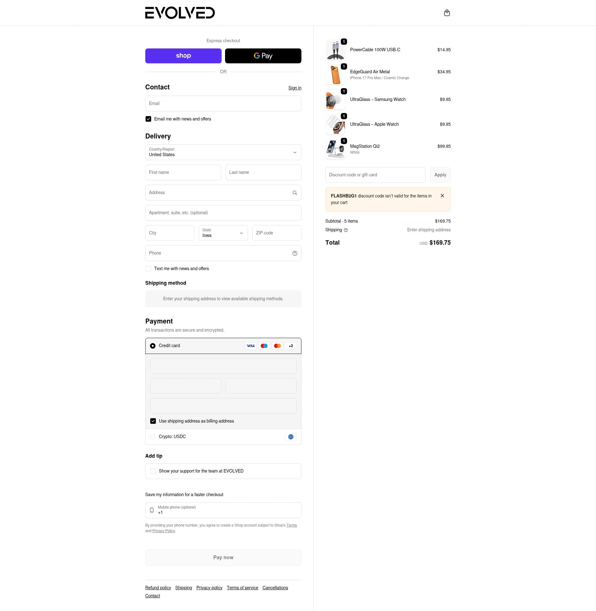 Evolved Chargers checkout page showing Evolved Chargers discount code box | Screenshot taken by SimplyCodes community member on Feb 12, 2026