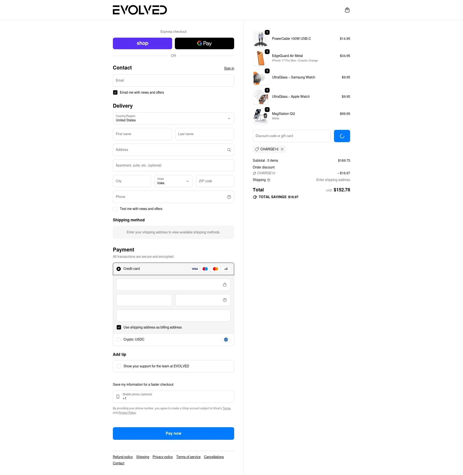 Evolved Chargers checkout page showing Evolved Chargers discount code box | Screenshot taken by SimplyCodes community member on Feb 12, 2026