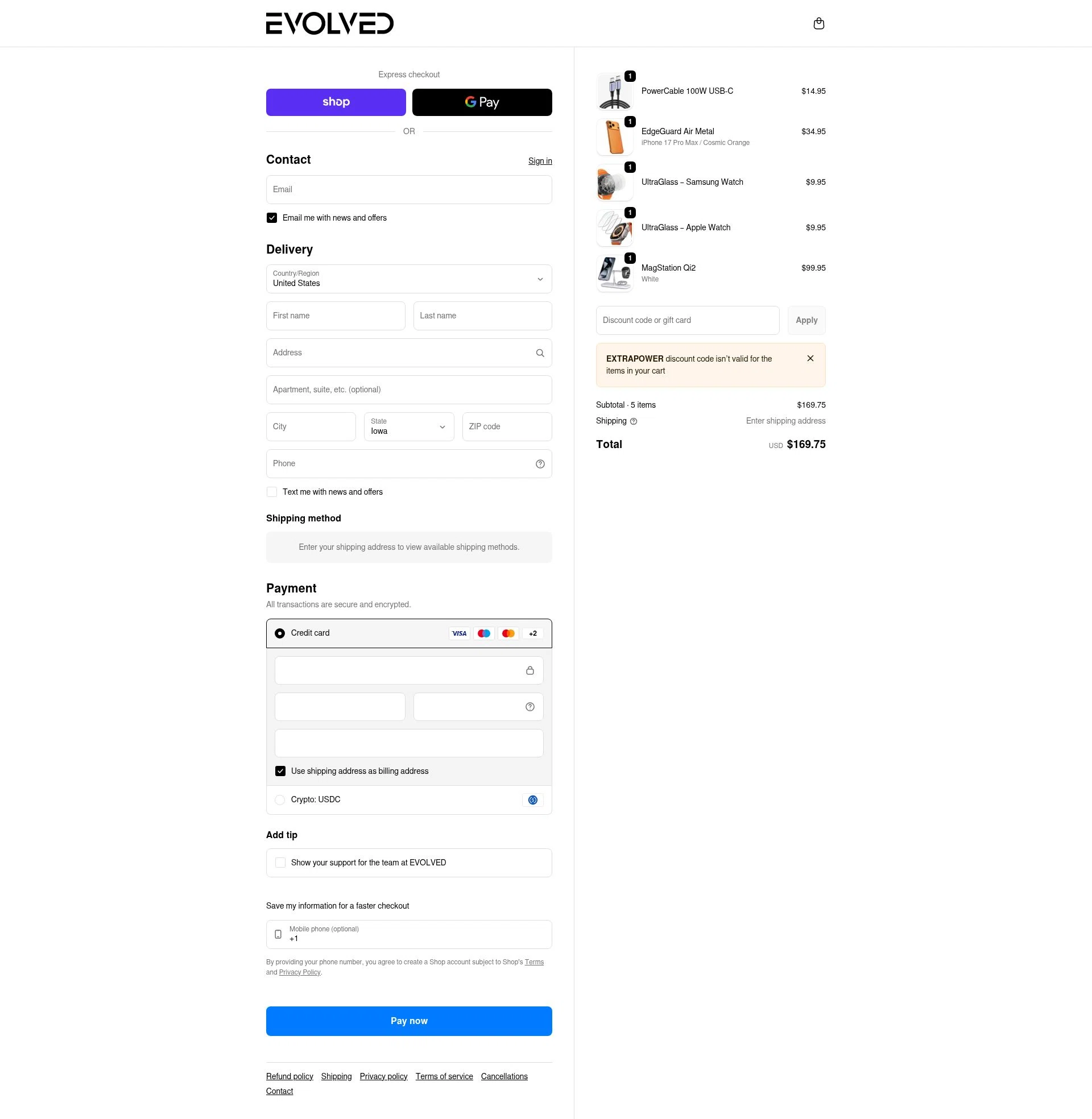 Evolved Chargers checkout page showing Evolved Chargers discount code box | Screenshot taken by SimplyCodes community member on Feb 12, 2026