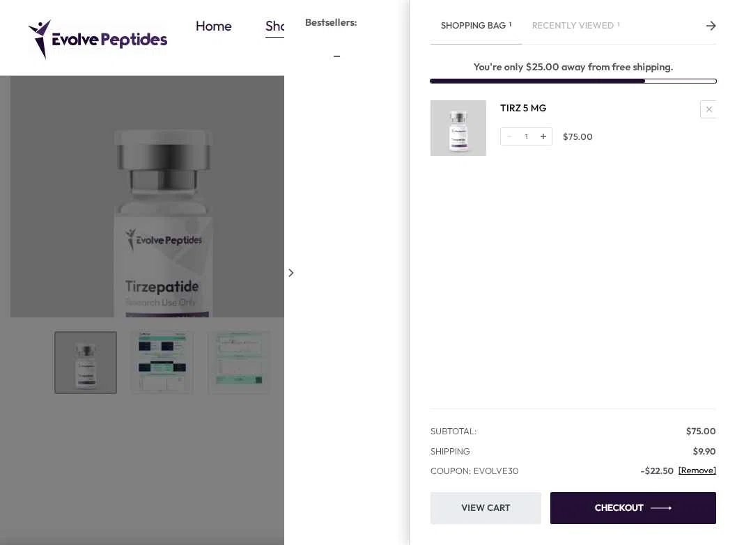 Evolve Peptides checkout page showing Evolve Peptides promo code box | Screenshot taken by SimplyCodes community member on Jan 5, 2026