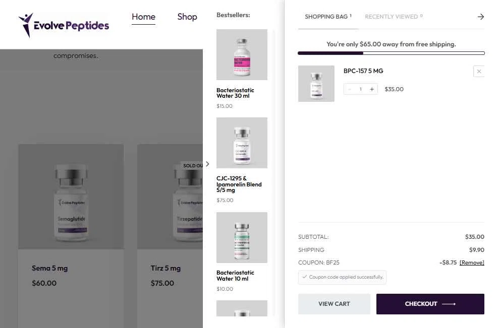 Evolve Peptides checkout page showing Evolve Peptides promo code box | Screenshot taken by SimplyCodes community member on Jan 28, 2026