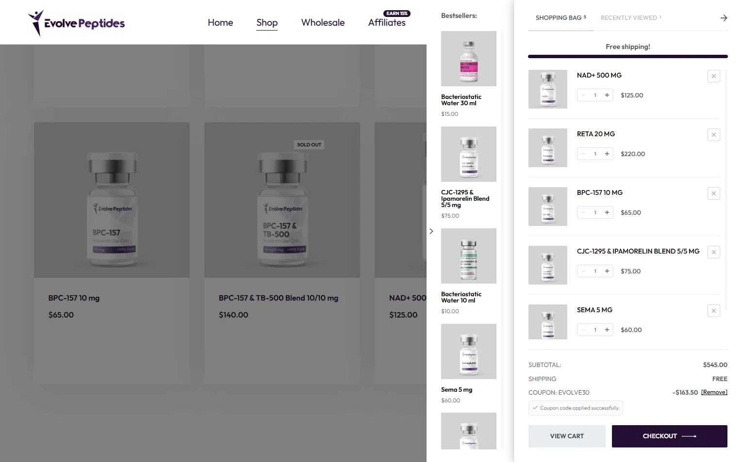Evolve Peptides checkout page showing Evolve Peptides promo code box | Screenshot taken by SimplyCodes community member on Jan 16, 2026