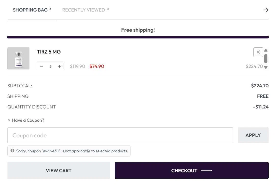 Evolve Peptides checkout page showing Evolve Peptides promo code box | Screenshot taken by SimplyCodes community member on Jan 31, 2026