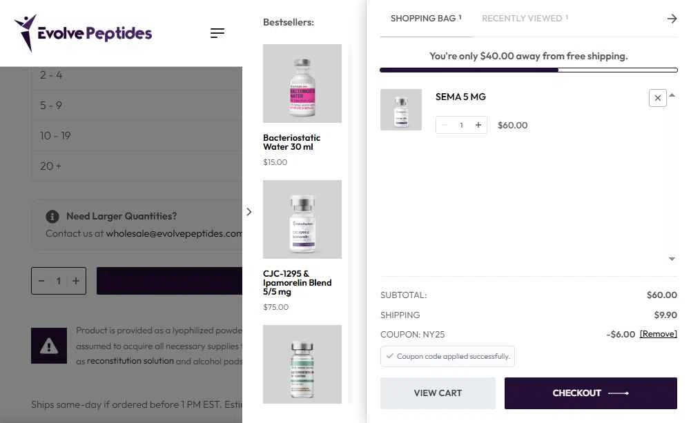 Evolve Peptides checkout page showing Evolve Peptides promo code box | Screenshot taken by SimplyCodes community member on Jan 22, 2026