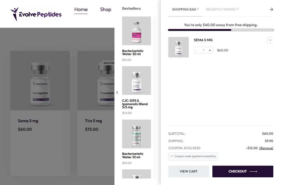 Evolve Peptides checkout page showing Evolve Peptides promo code box | Screenshot taken by SimplyCodes community member on Jan 12, 2026