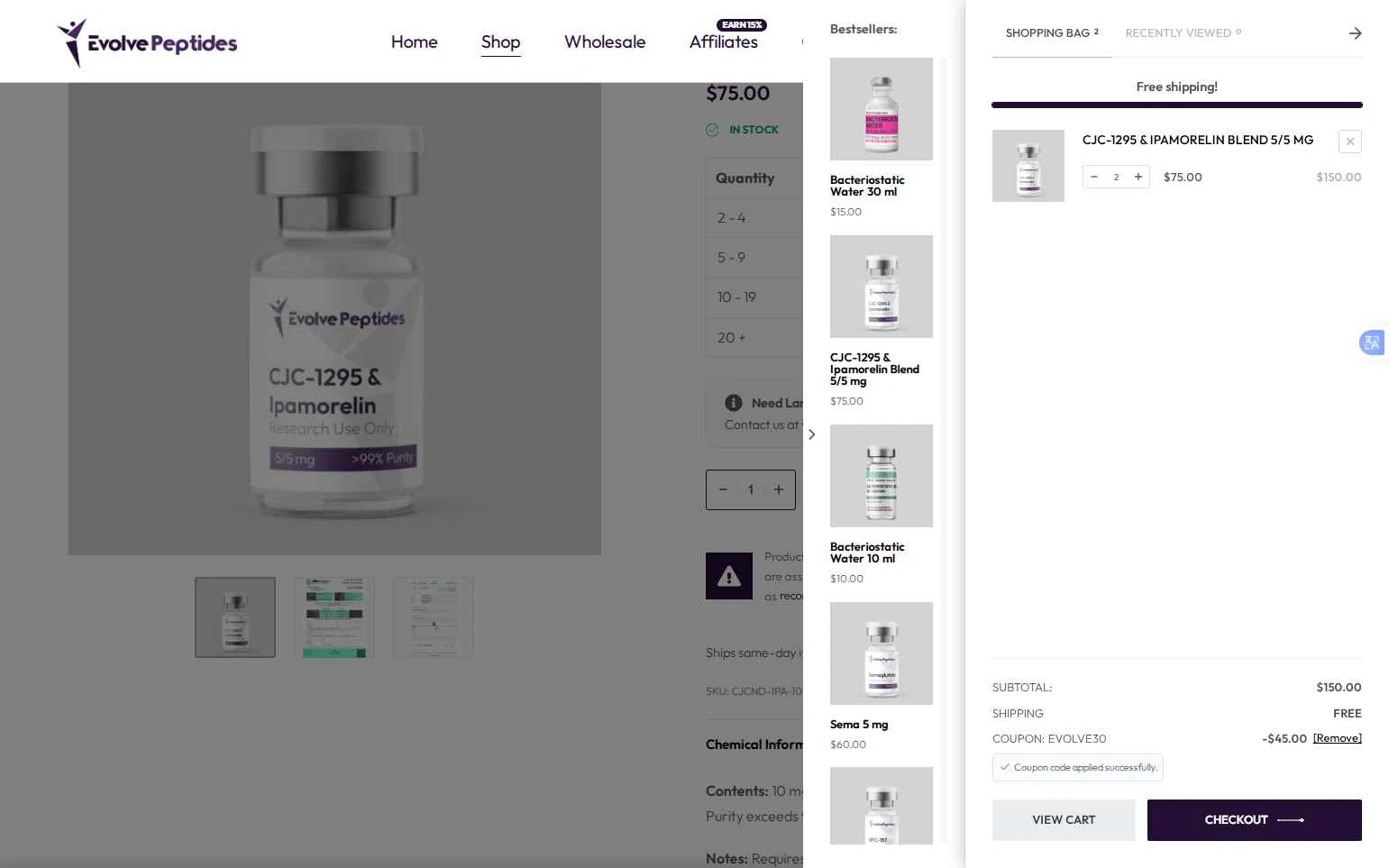 Evolve Peptides checkout page showing Evolve Peptides promo code box | Screenshot taken by SimplyCodes community member on Jan 25, 2026