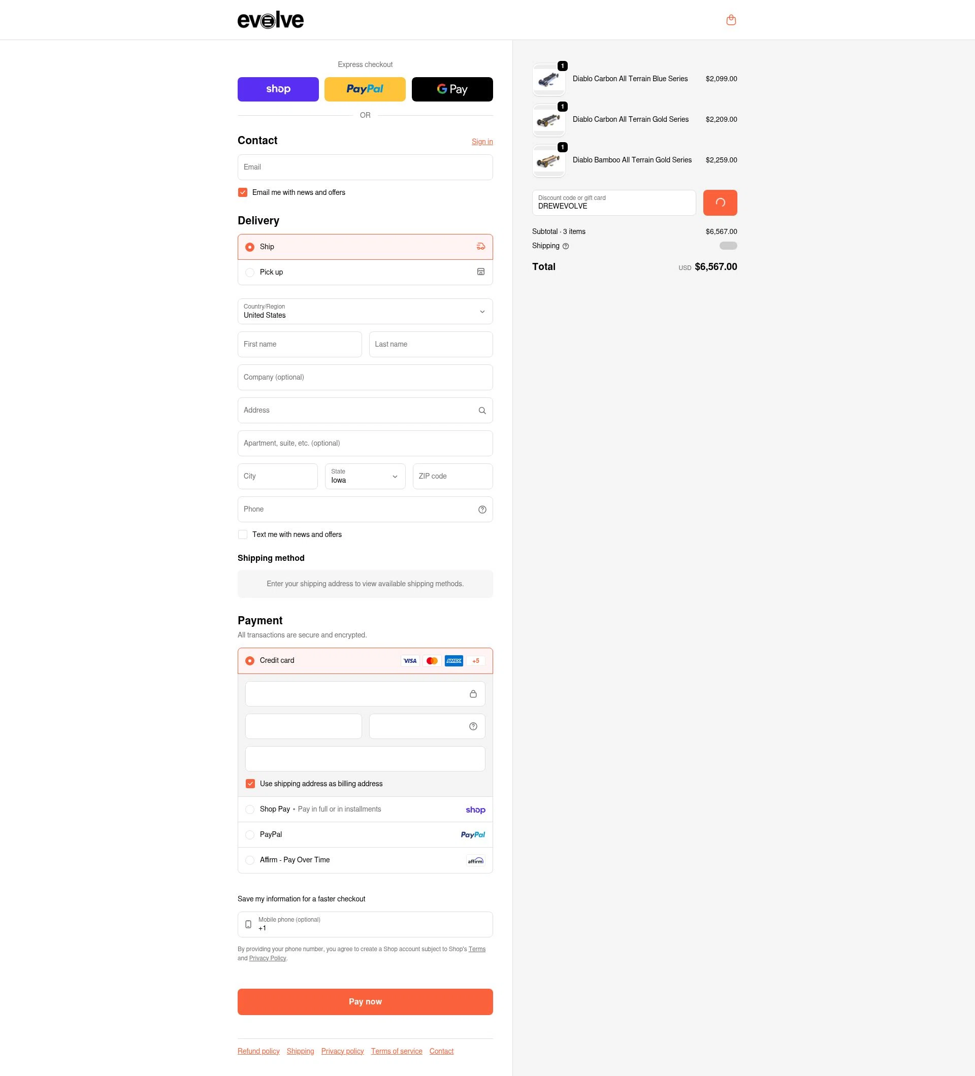 Evolve Skateboards checkout page showing Evolve Skateboards coupon code box | Screenshot taken by SimplyCodes community member on Feb 15, 2026