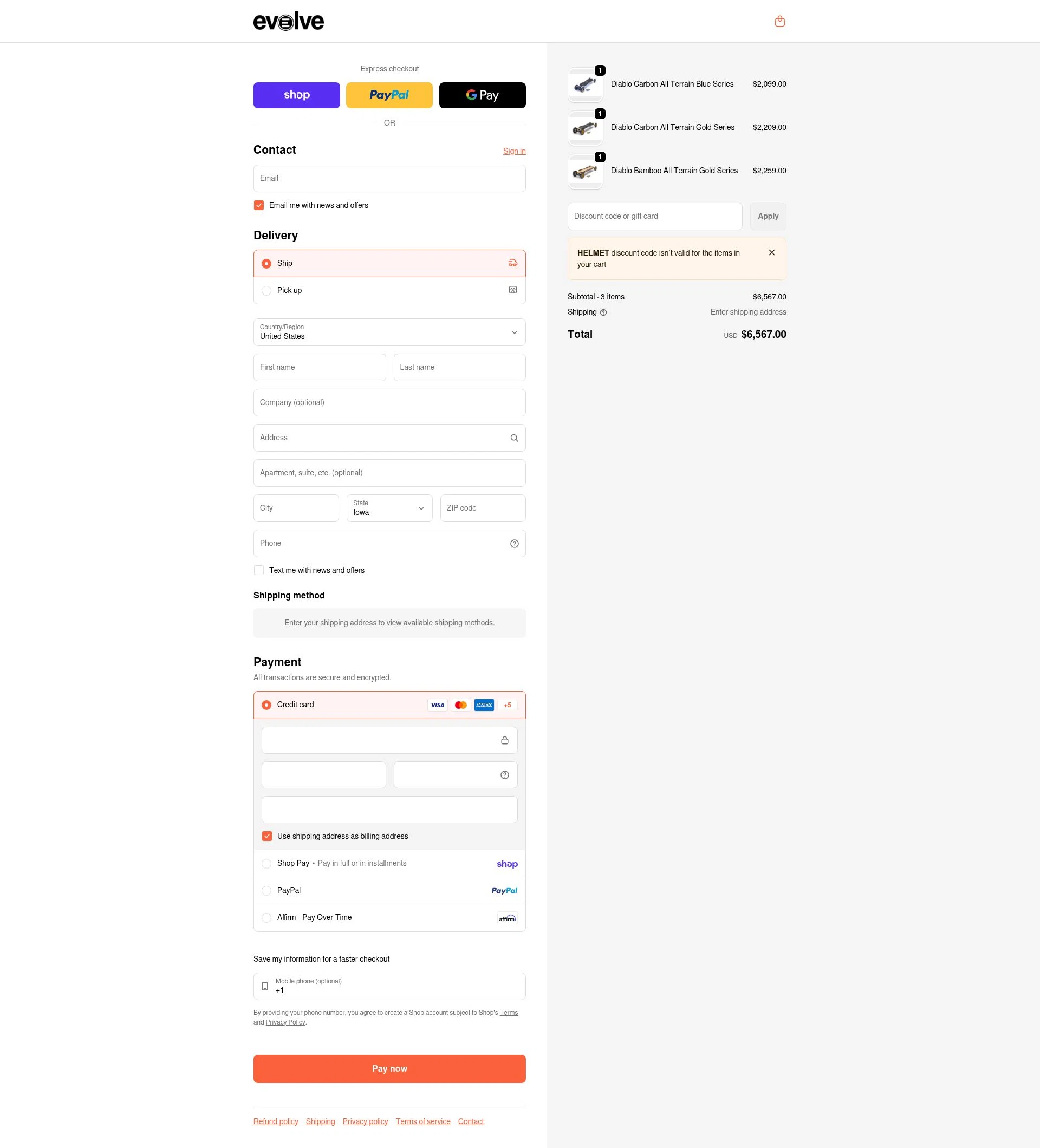 Evolve Skateboards checkout page showing Evolve Skateboards coupon code box | Screenshot taken by SimplyCodes community member on Feb 15, 2026
