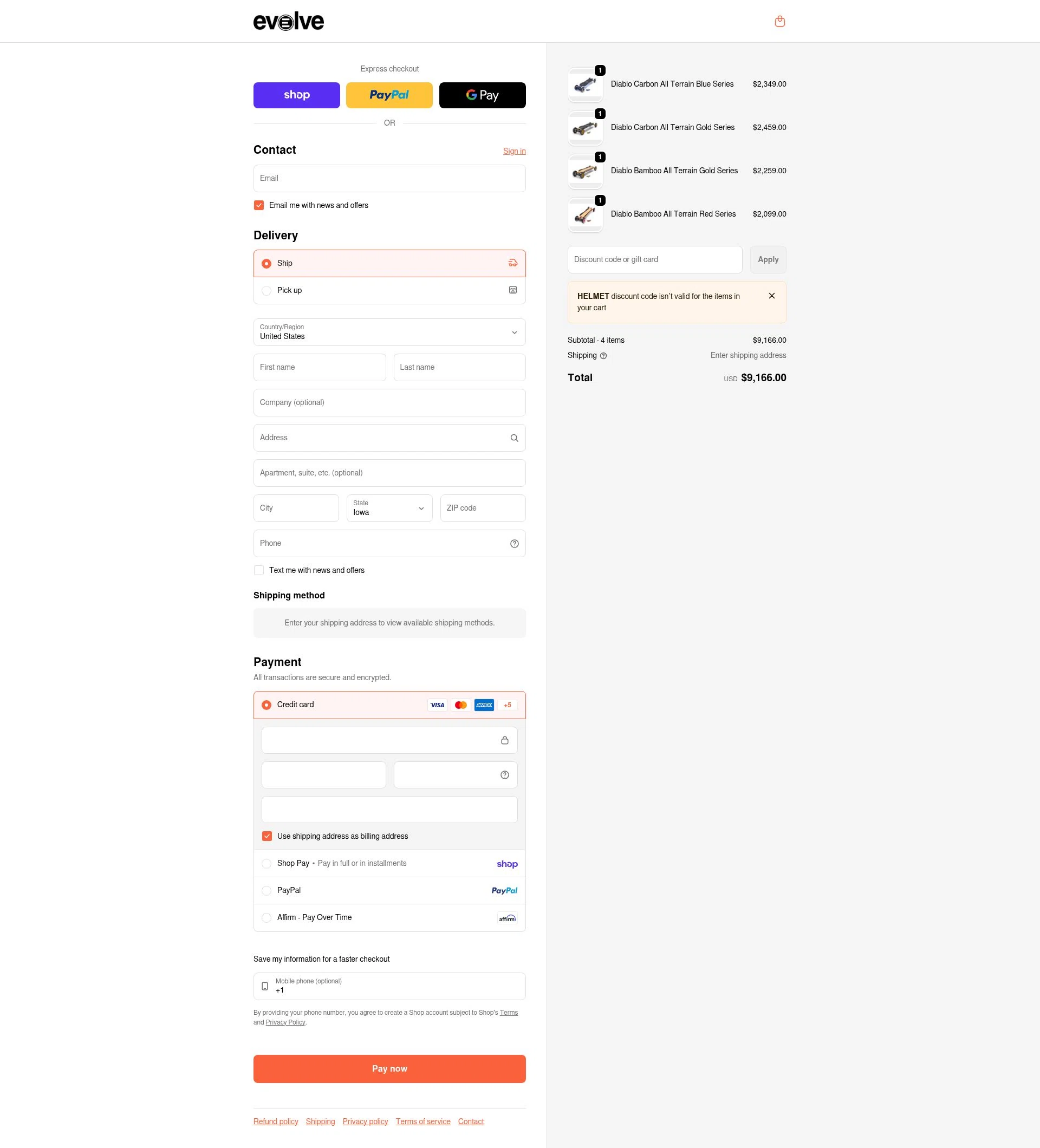 Evolve Skateboards checkout page showing Evolve Skateboards coupon code box | Screenshot taken by SimplyCodes community member on Feb 11, 2026