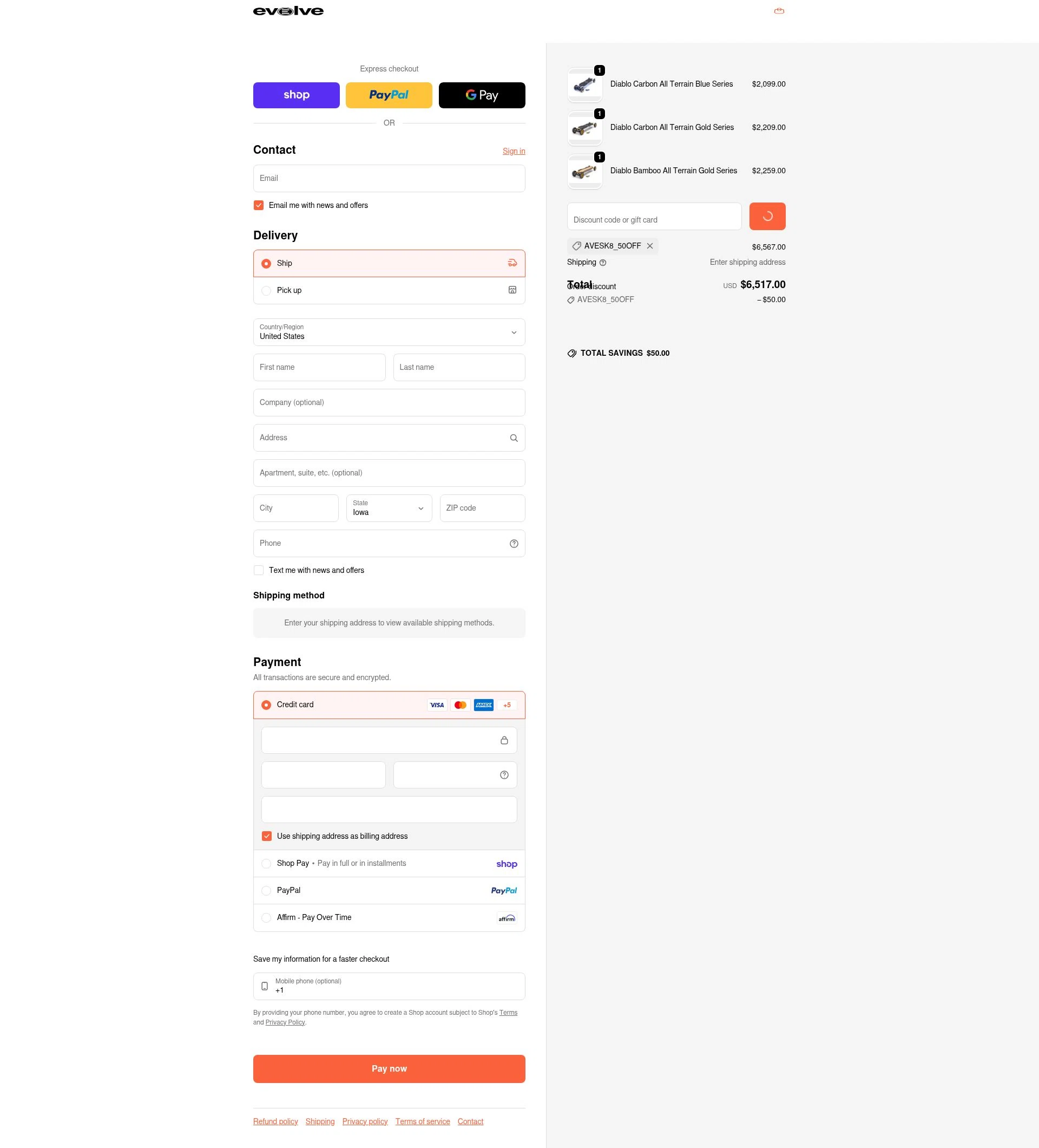 Evolve Skateboards checkout page showing Evolve Skateboards coupon code box | Screenshot taken by SimplyCodes community member on Feb 15, 2026