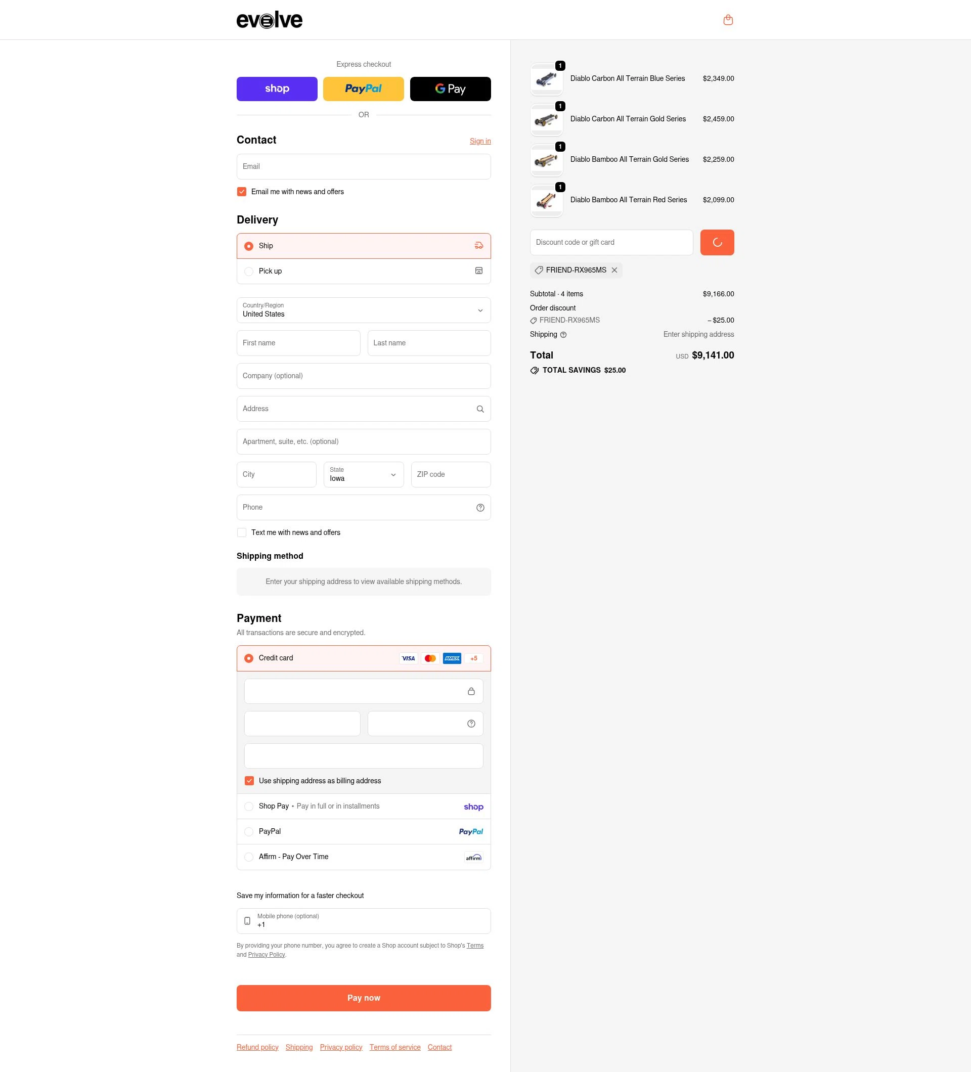 Evolve Skateboards checkout page showing Evolve Skateboards coupon code box | Screenshot taken by SimplyCodes community member on Feb 11, 2026