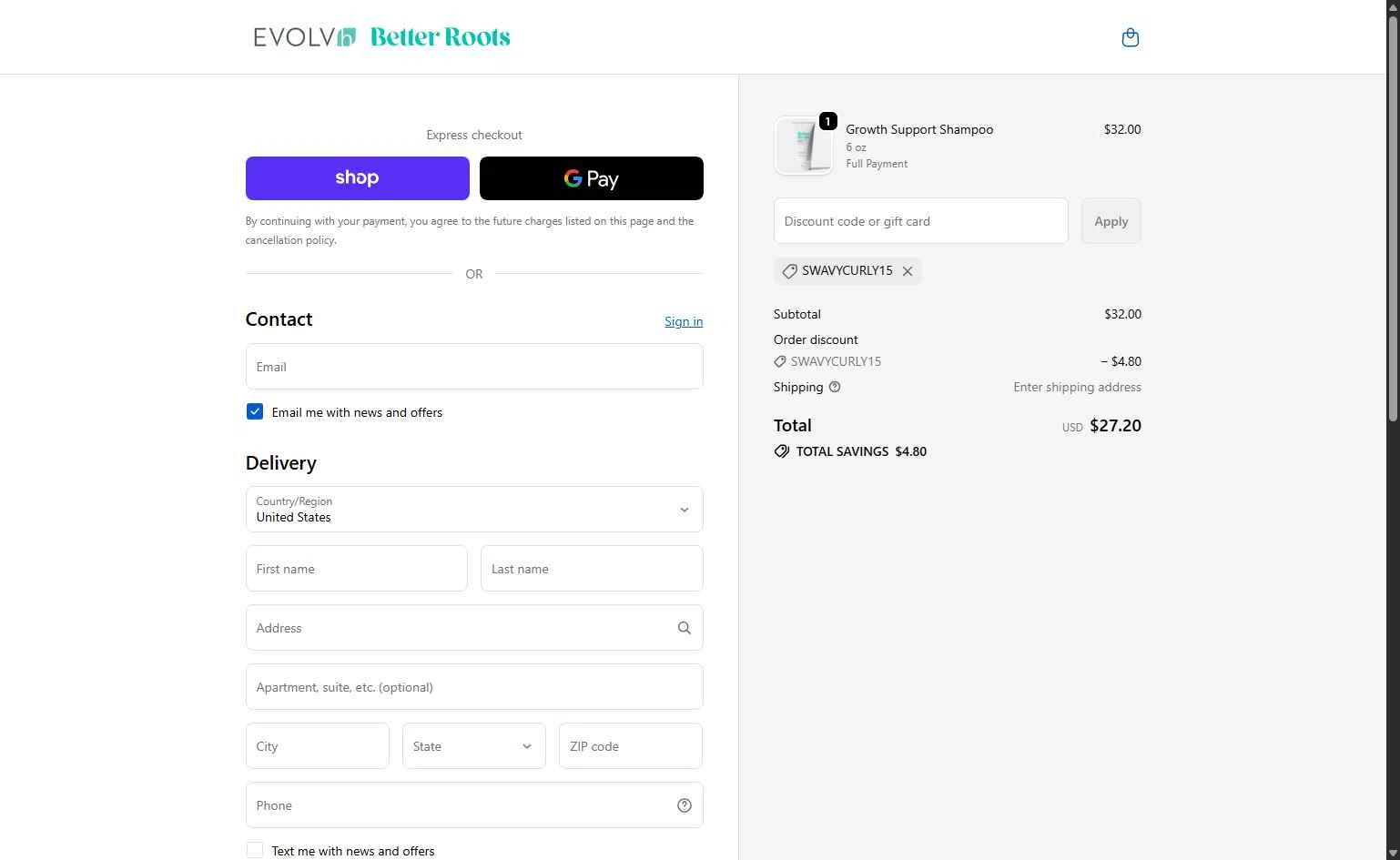 EVOLVh checkout page showing EVOLVh coupon code box | Screenshot taken by SimplyCodes community member on Jan 20, 2026