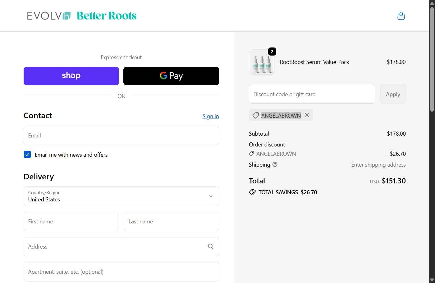 EVOLVh checkout page showing EVOLVh coupon code box | Screenshot taken by SimplyCodes community member on Jan 20, 2026