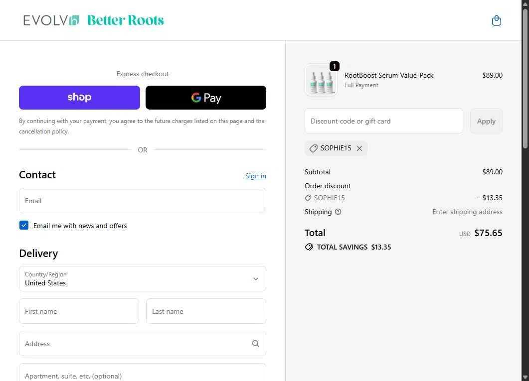 EVOLVh checkout page showing EVOLVh coupon code box | Screenshot taken by SimplyCodes community member on Jan 20, 2026