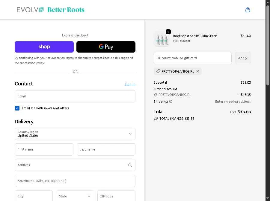 EVOLVh checkout page showing EVOLVh coupon code box | Screenshot taken by SimplyCodes community member on Jan 20, 2026