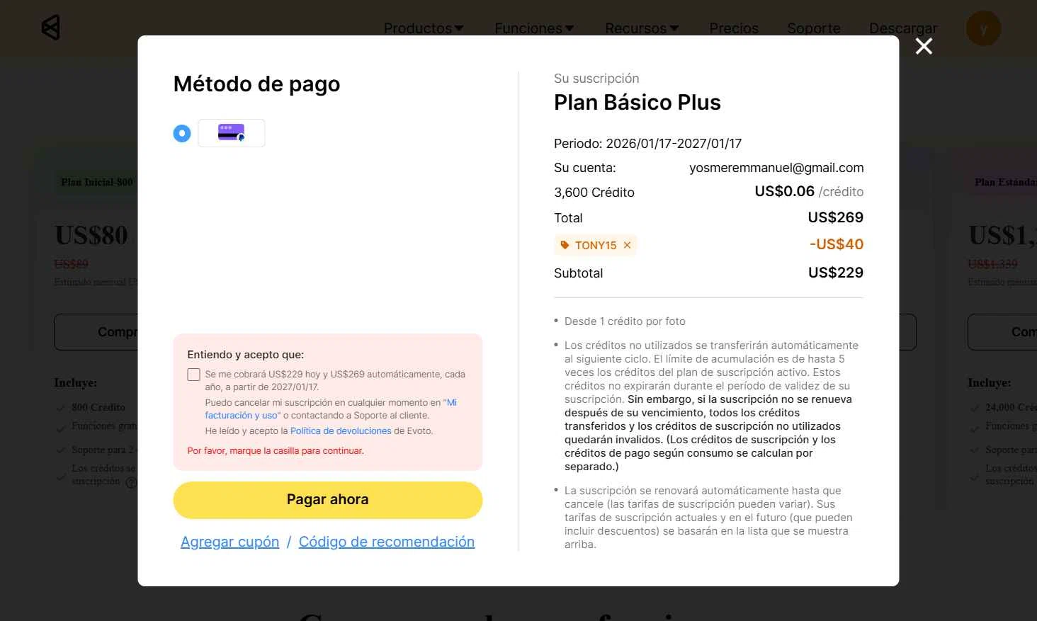 Evoto checkout page showing Evoto discount code box | Screenshot taken by SimplyCodes community member on Jan 17, 2026