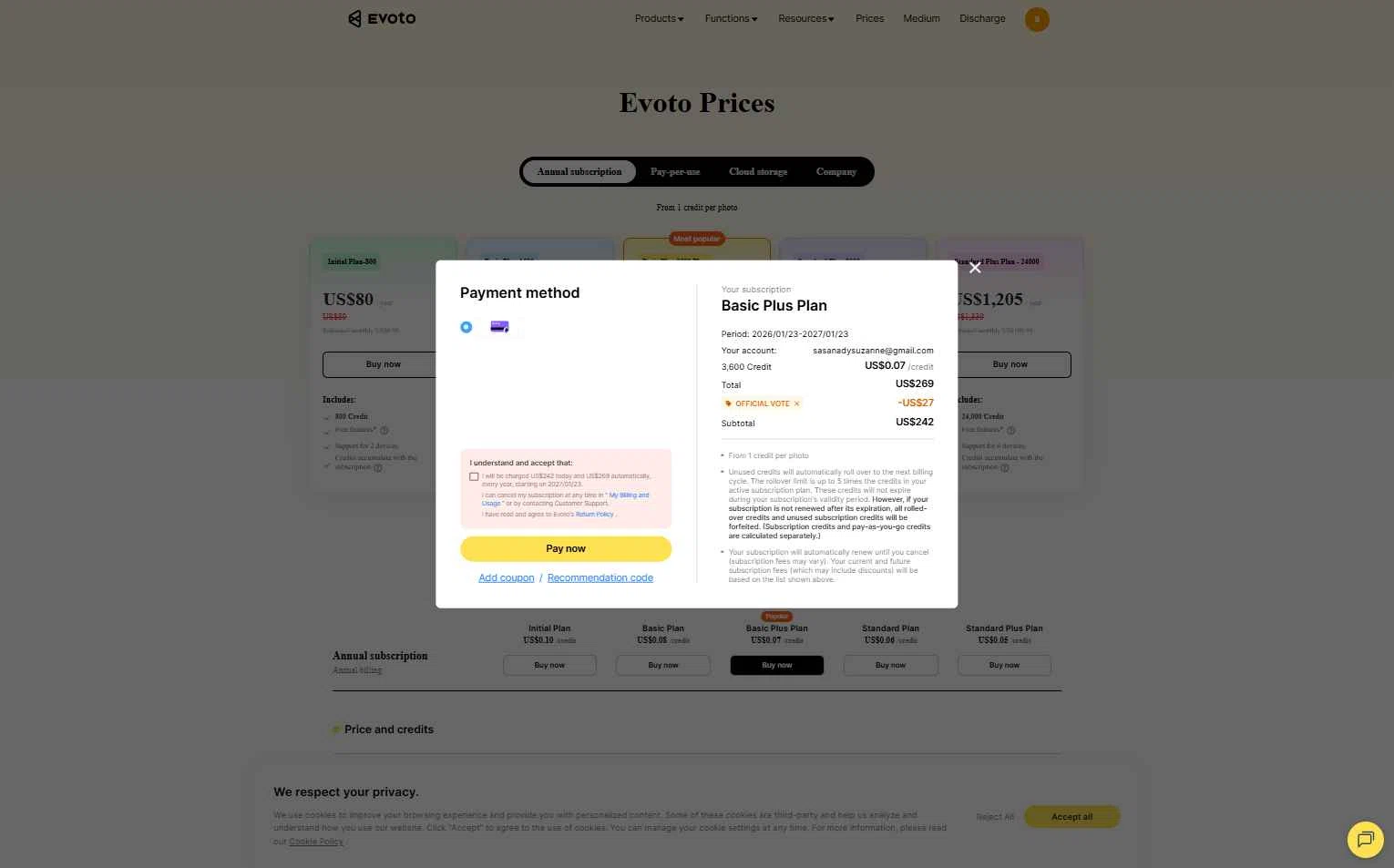 Evoto checkout page showing Evoto discount code box | Screenshot taken by SimplyCodes community member on Jan 24, 2026