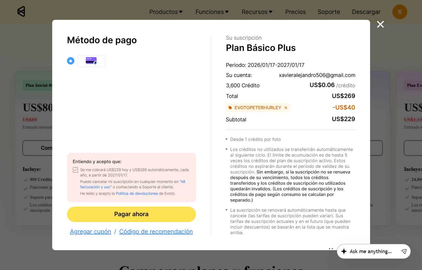 Evoto checkout page showing Evoto discount code box | Screenshot taken by SimplyCodes community member on Jan 17, 2026
