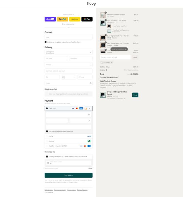 Evvy checkout page showing Evvy discount code box | Screenshot taken by SimplyCodes community member on Aug 12, 2025