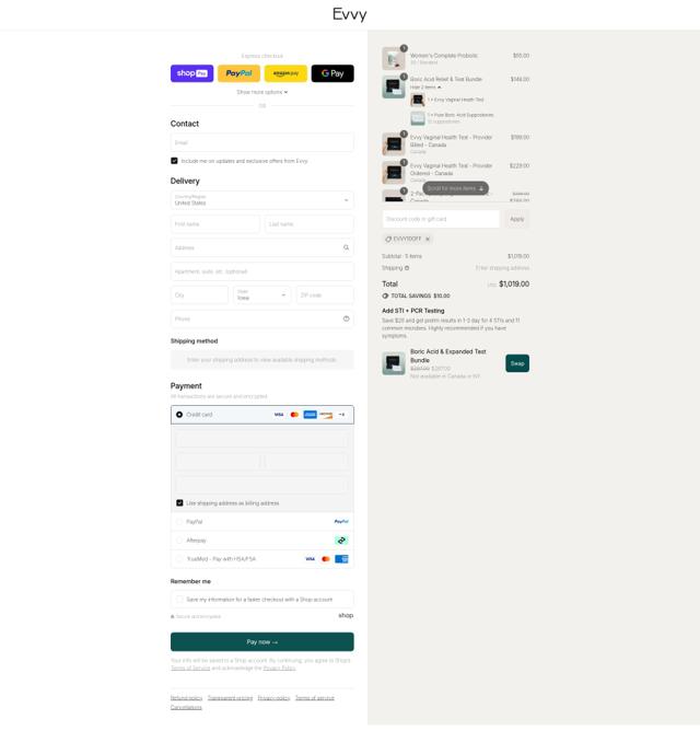 Evvy checkout page showing Evvy discount code box | Screenshot taken by SimplyCodes community member on Aug 16, 2025