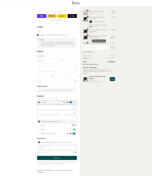 Evvy checkout page showing Evvy discount code box | Screenshot taken by SimplyCodes community member on Sep 11, 2025
