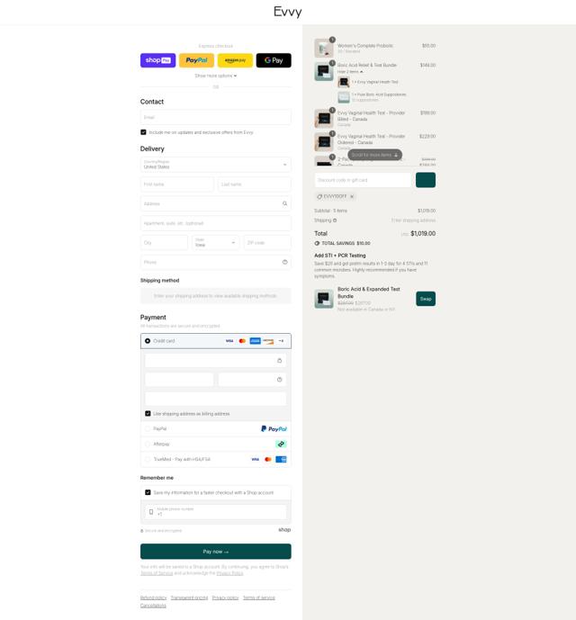 Evvy checkout page showing Evvy discount code box | Screenshot taken by SimplyCodes community member on Aug 8, 2025