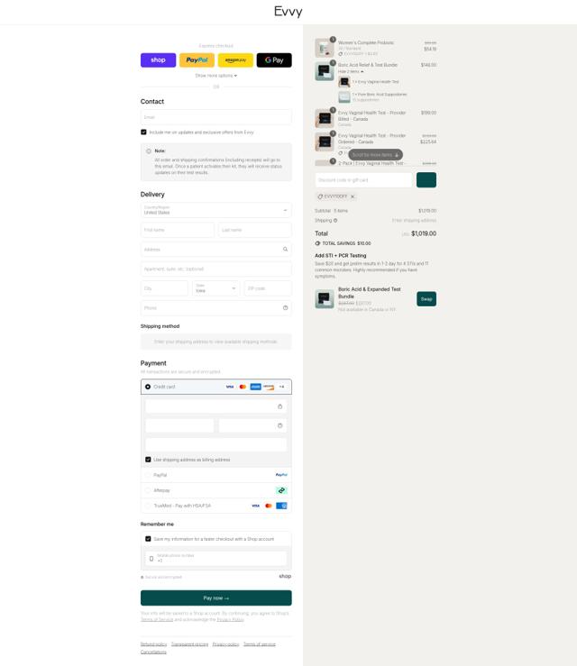 Evvy checkout page showing Evvy discount code box | Screenshot taken by SimplyCodes community member on Aug 30, 2025