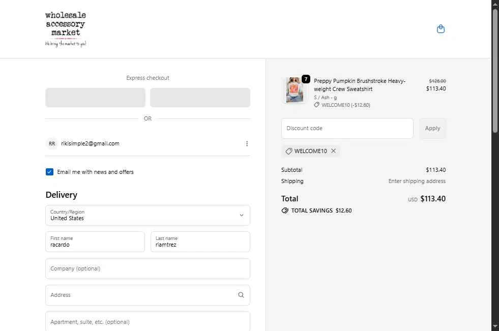 Wholesale Accessory Market checkout page showing Wholesale Accessory Market discount code box | Screenshot taken by SimplyCodes community member on Dec 10, 2025