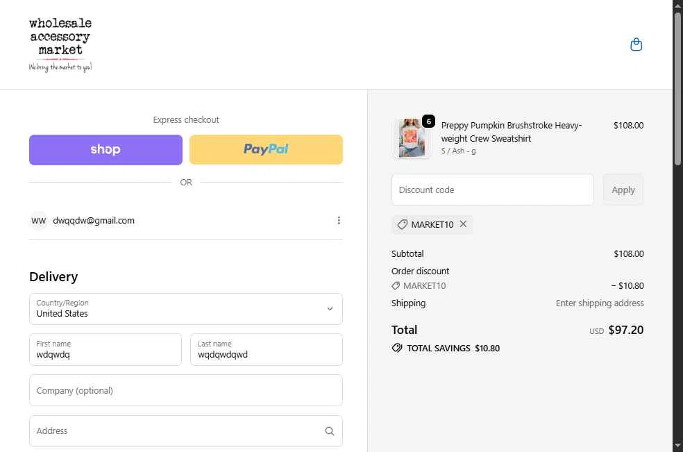 Wholesale Accessory Market checkout page showing Wholesale Accessory Market discount code box | Screenshot taken by SimplyCodes community member on Dec 10, 2025