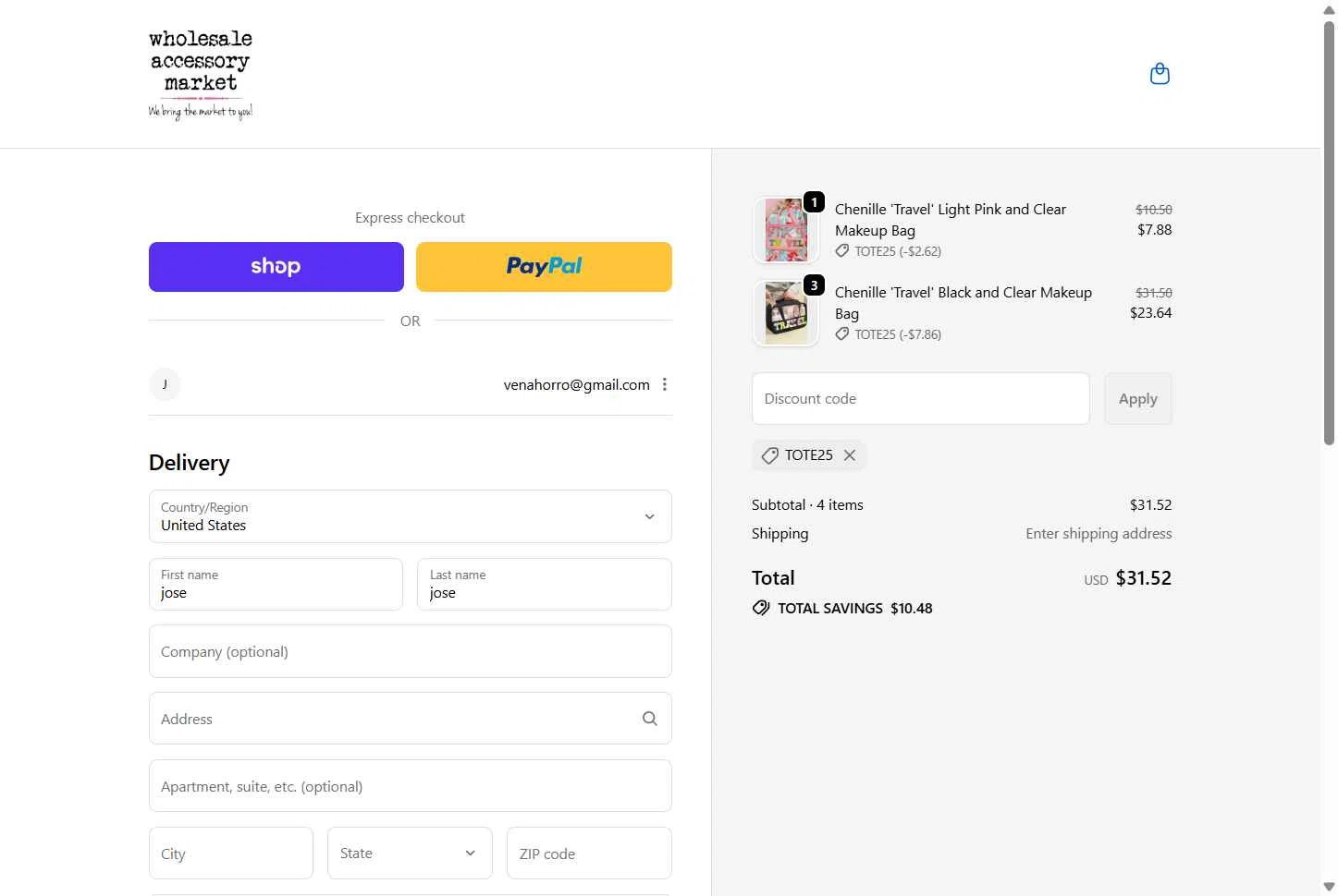 Wholesale Accessory Market checkout page showing Wholesale Accessory Market discount code box | Screenshot taken by SimplyCodes community member on Dec 26, 2025