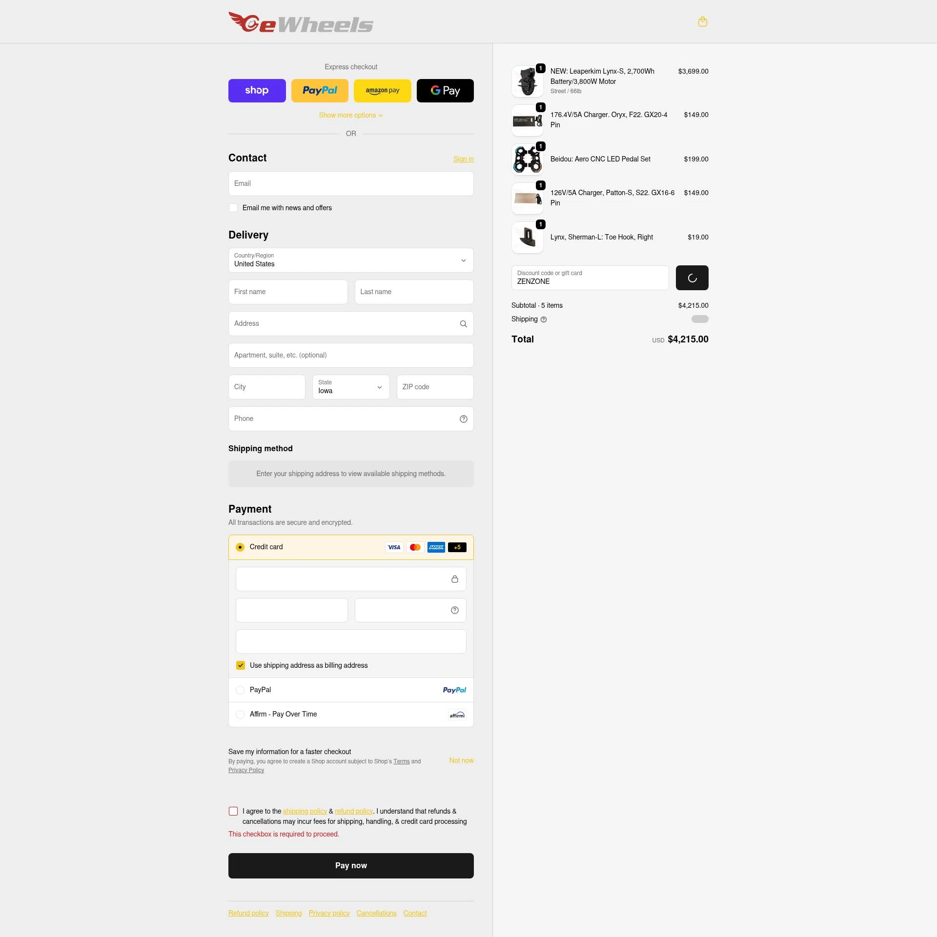 Ewheels checkout page showing Ewheels discount code box | Screenshot taken by SimplyCodes community member on Feb 17, 2026