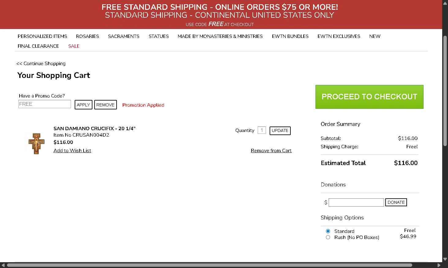EWTN Religious Catalogue checkout page showing EWTN Religious Catalogue promo code box | Screenshot taken by SimplyCodes community member on Nov 8, 2025