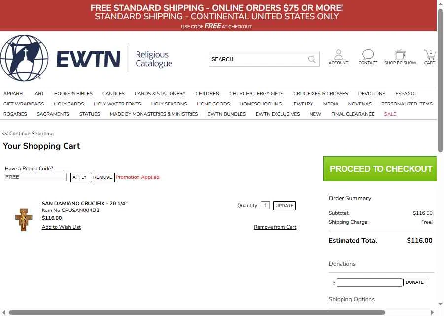 EWTN Religious Catalogue checkout page showing EWTN Religious Catalogue promo code box | Screenshot taken by SimplyCodes community member on Nov 8, 2025