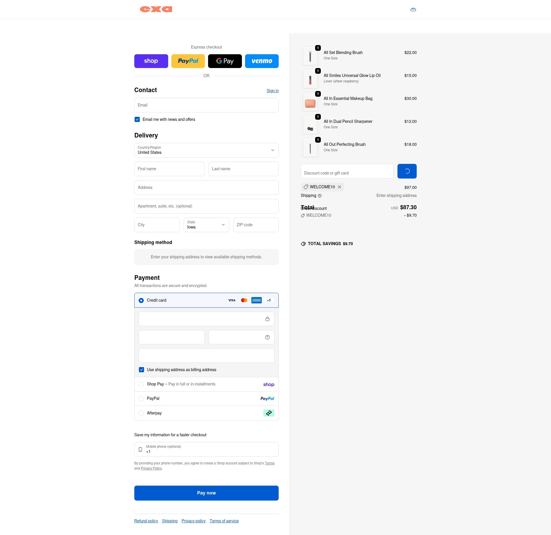 Exa Beauty checkout page showing Exa Beauty discount code box | Screenshot taken by SimplyCodes community member on Feb 8, 2026