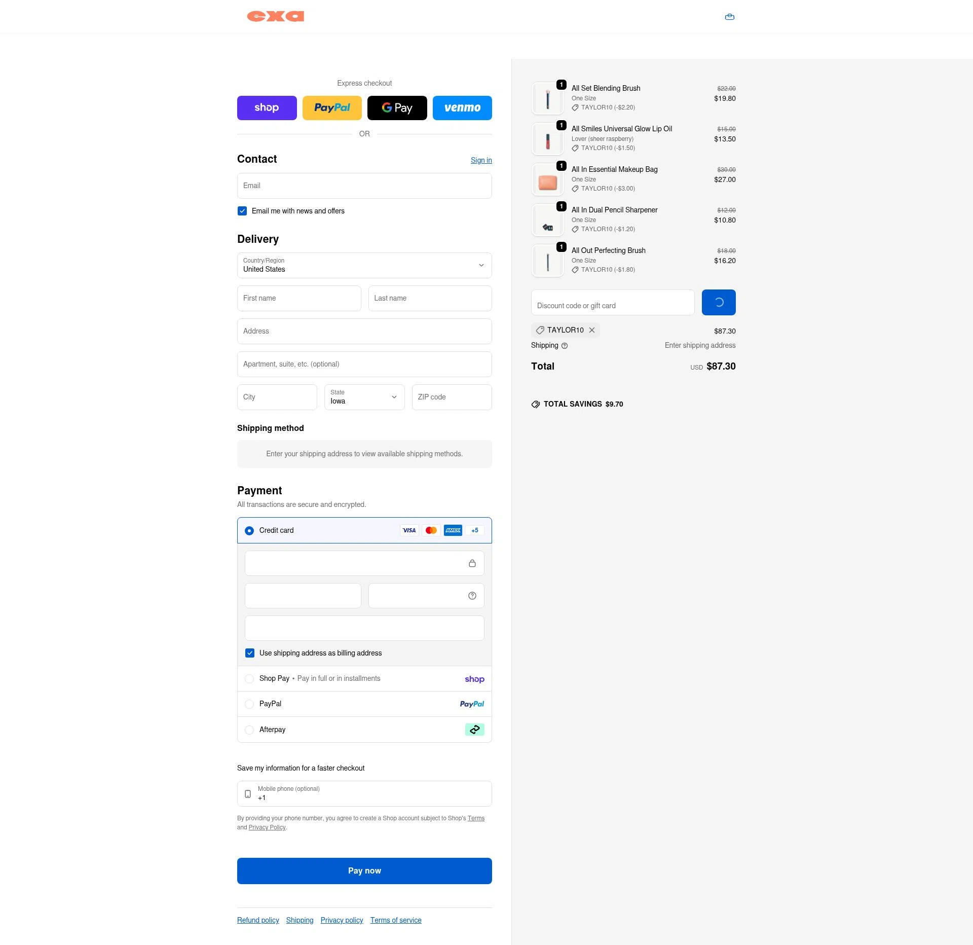 Exa Beauty checkout page showing Exa Beauty discount code box | Screenshot taken by SimplyCodes community member on Feb 8, 2026