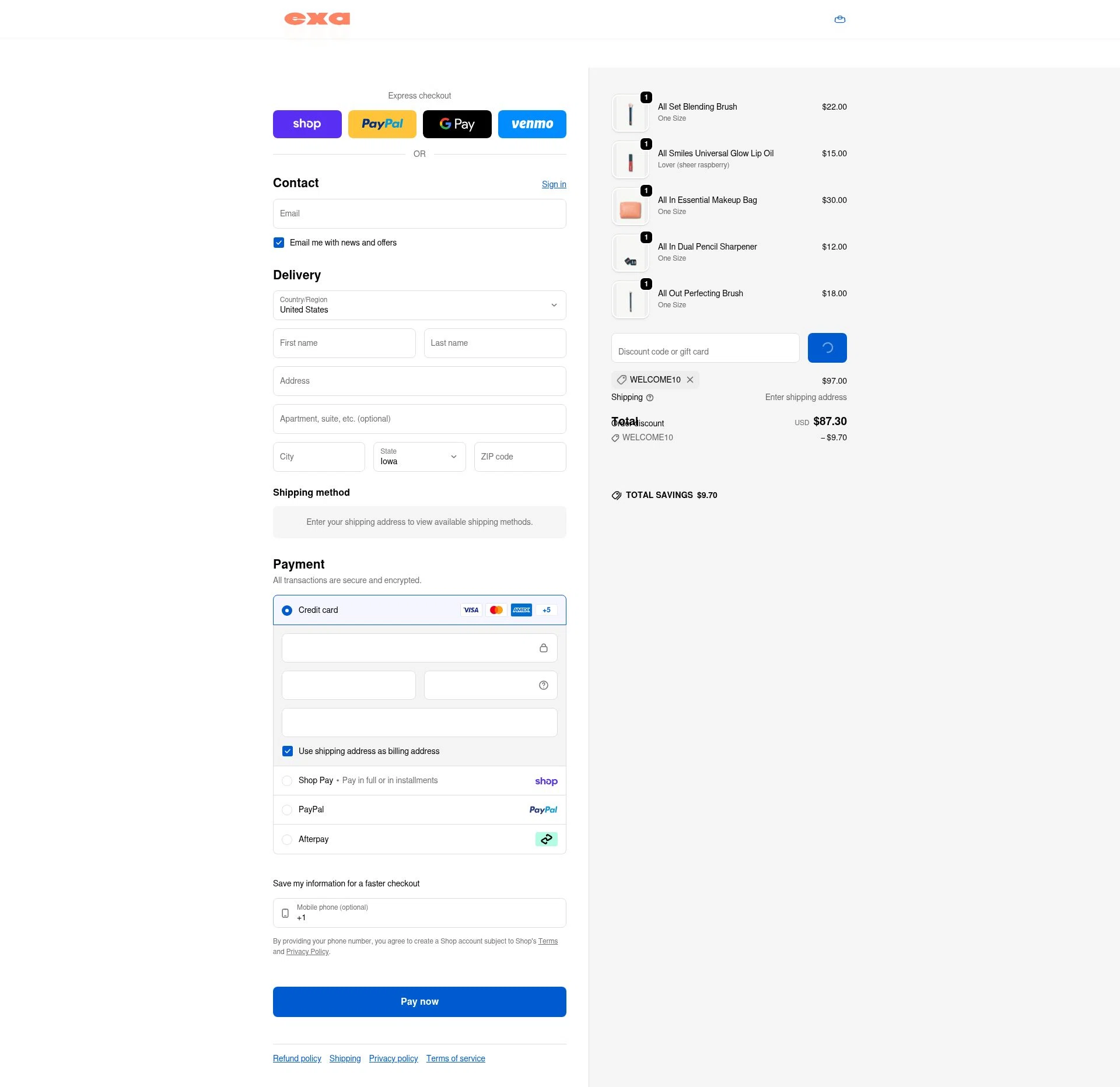 Exa Beauty checkout page showing Exa Beauty discount code box | Screenshot taken by SimplyCodes community member on Jan 30, 2026