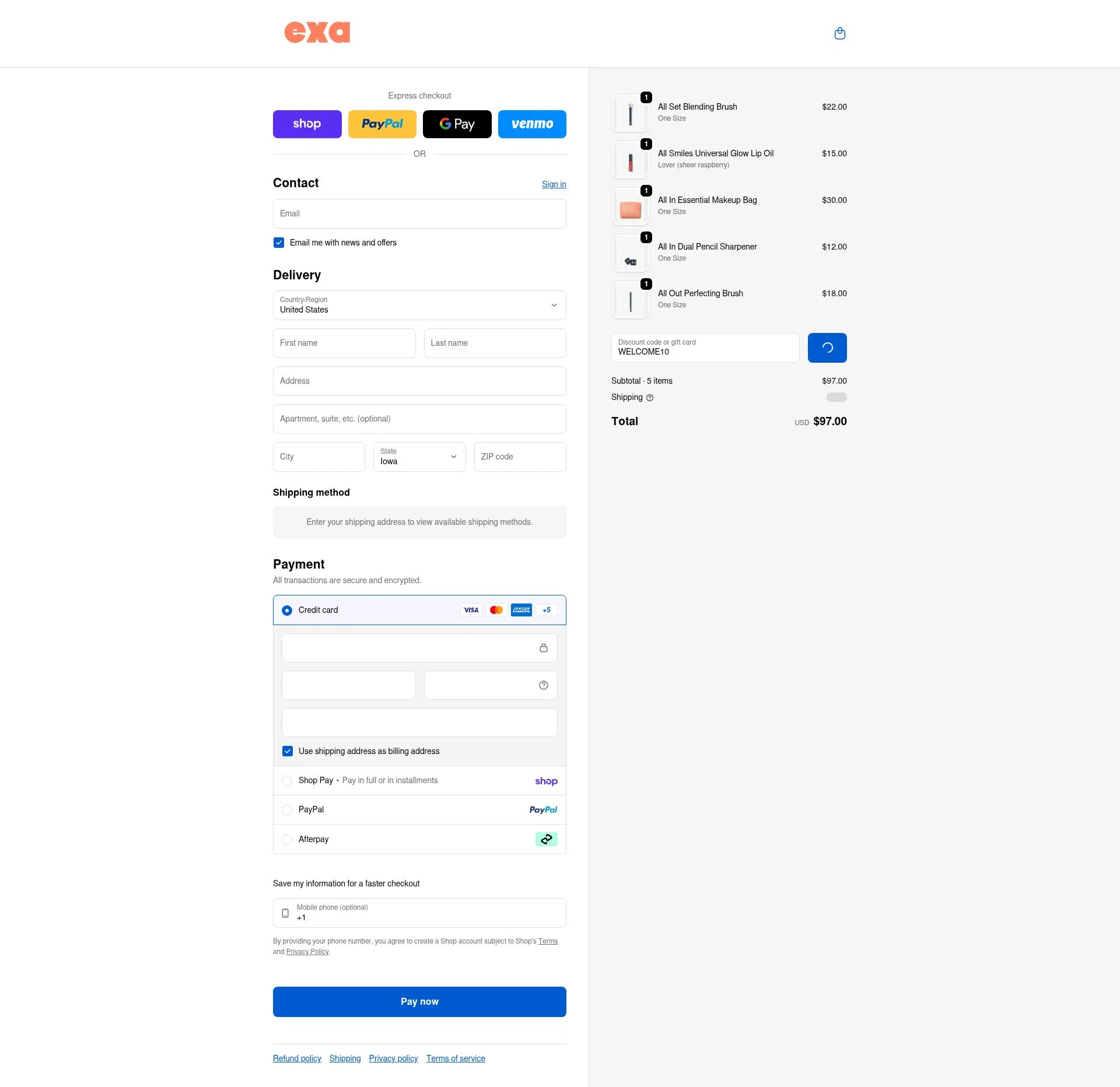 Exa Beauty checkout page showing Exa Beauty discount code box | Screenshot taken by SimplyCodes community member on Feb 17, 2026