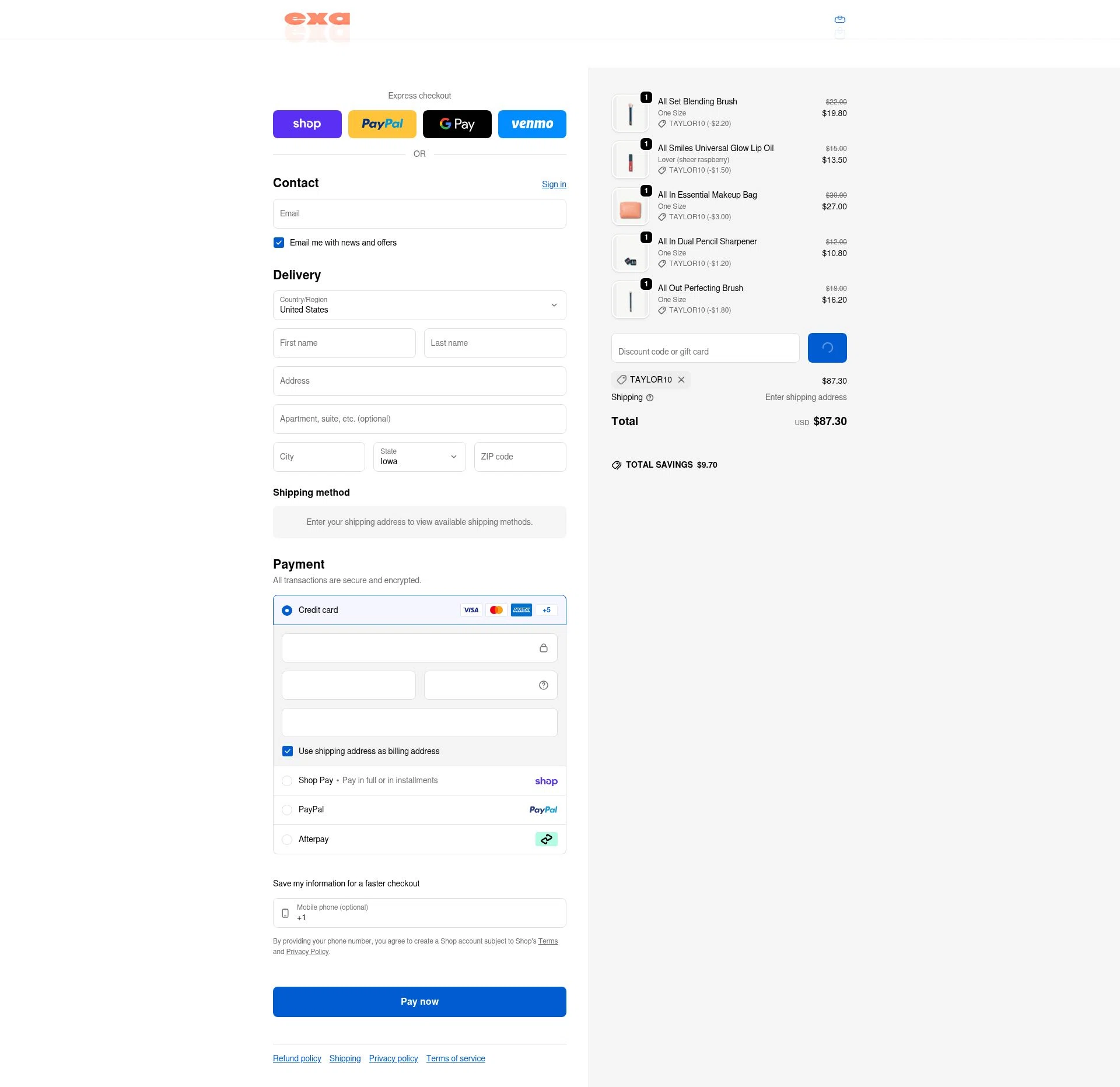Exa Beauty checkout page showing Exa Beauty discount code box | Screenshot taken by SimplyCodes community member on Feb 12, 2026