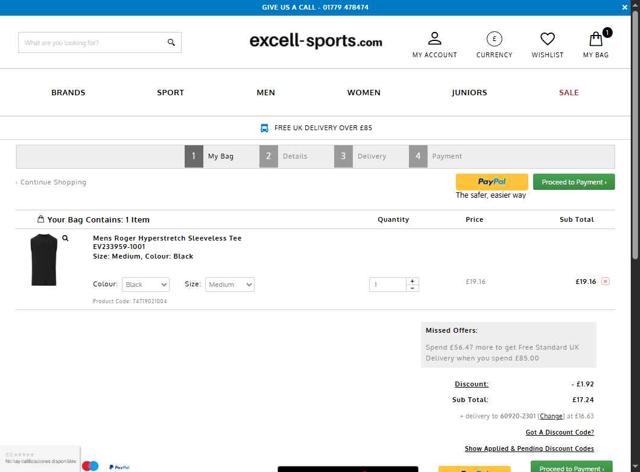 Excell Sports checkout page showing Excell Sports discount code box | Screenshot taken by SimplyCodes community member on Jul 15, 2025