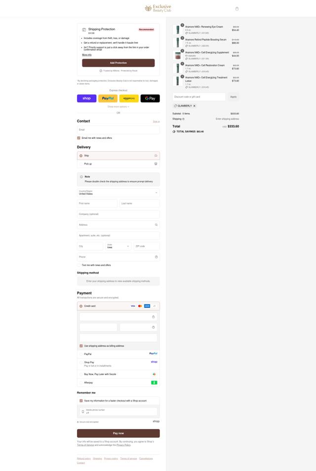 Exclusive Beauty Club checkout page showing Exclusive Beauty Club discount code box | Screenshot taken by SimplyCodes community member on Sep 15, 2025