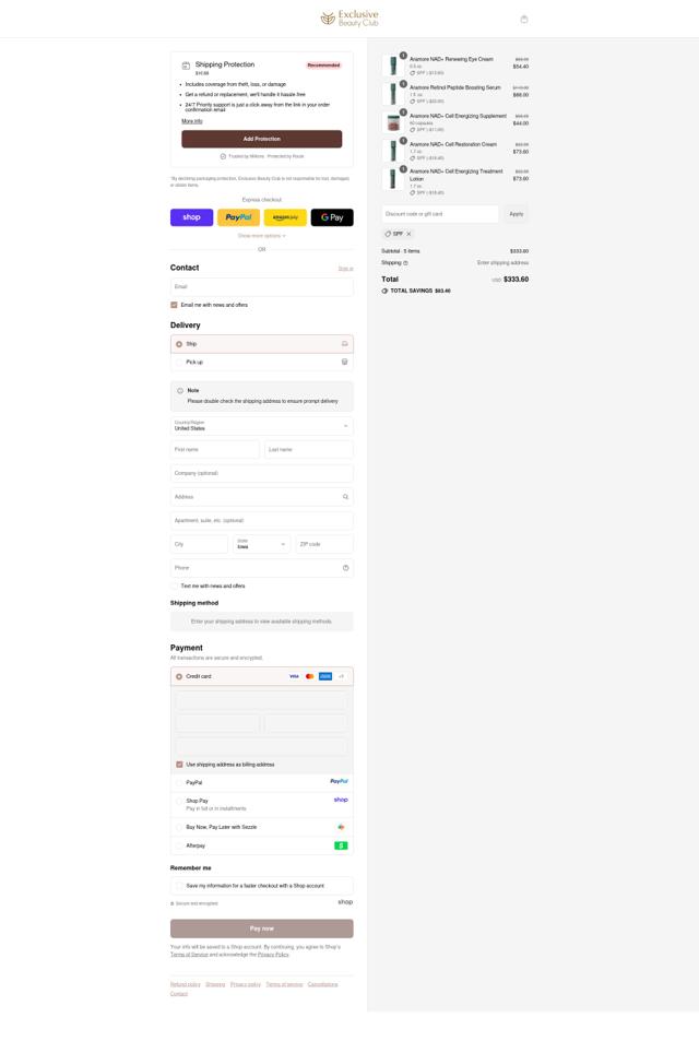 Exclusive Beauty Club checkout page showing Exclusive Beauty Club discount code box | Screenshot taken by SimplyCodes community member on Sep 15, 2025