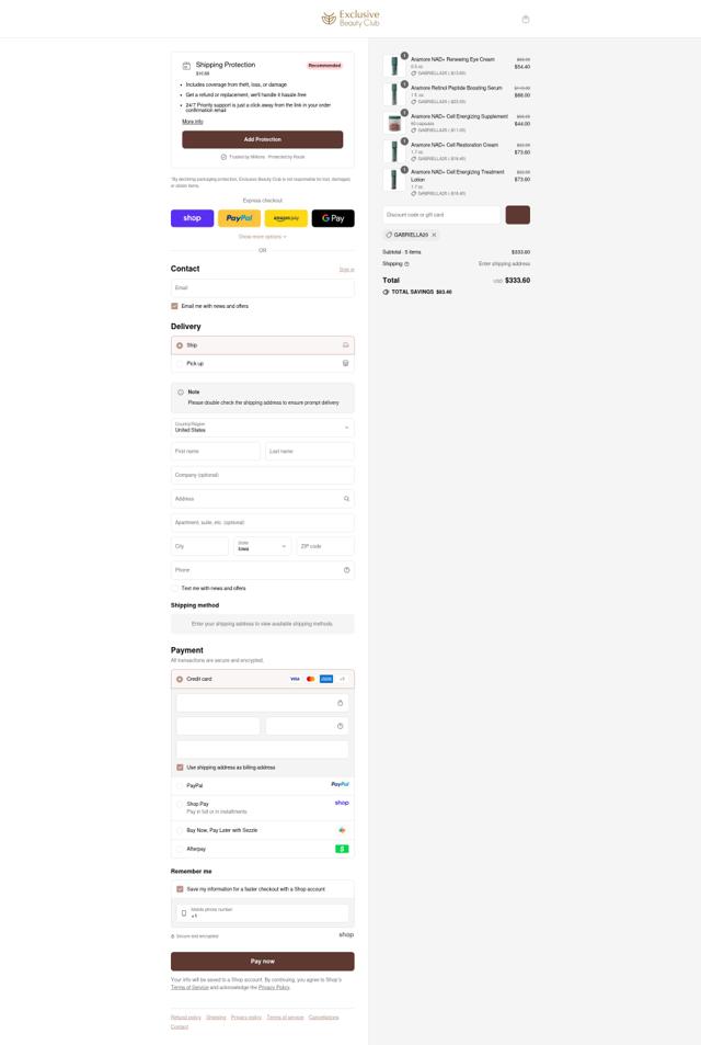 Exclusive Beauty Club checkout page showing Exclusive Beauty Club discount code box | Screenshot taken by SimplyCodes community member on Sep 15, 2025