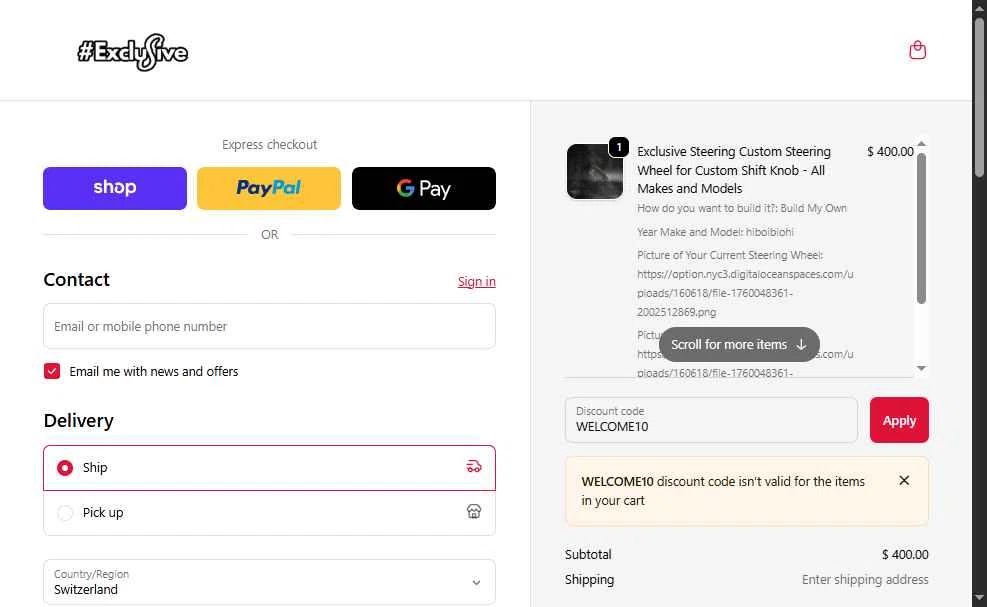Exclusive Steering checkout page showing Exclusive Steering promo code box | Screenshot taken by SimplyCodes community member on Oct 9, 2025