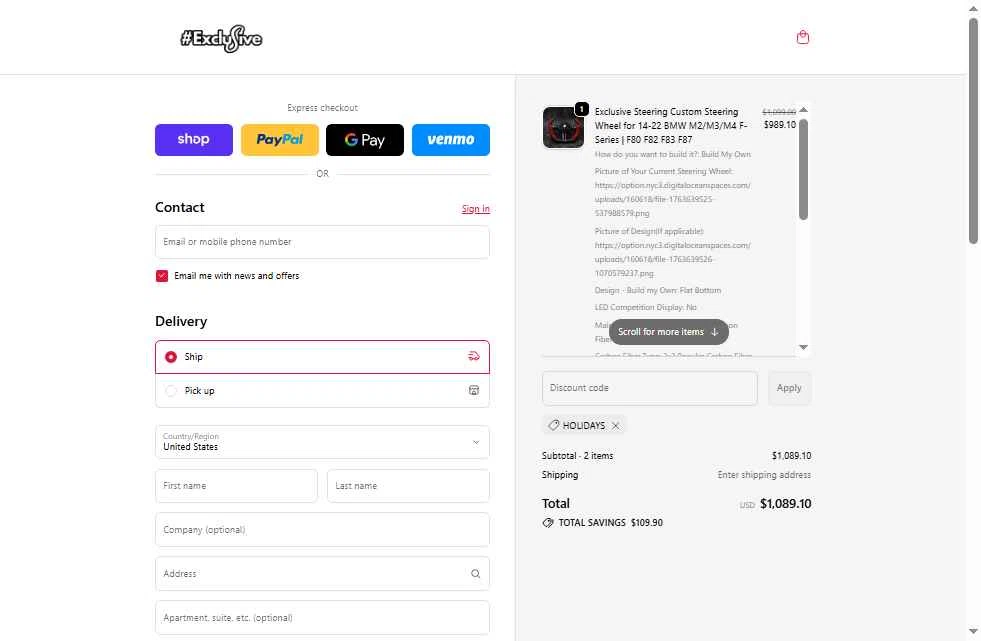 Exclusive Steering checkout page showing Exclusive Steering promo code box | Screenshot taken by SimplyCodes community member on Nov 20, 2025