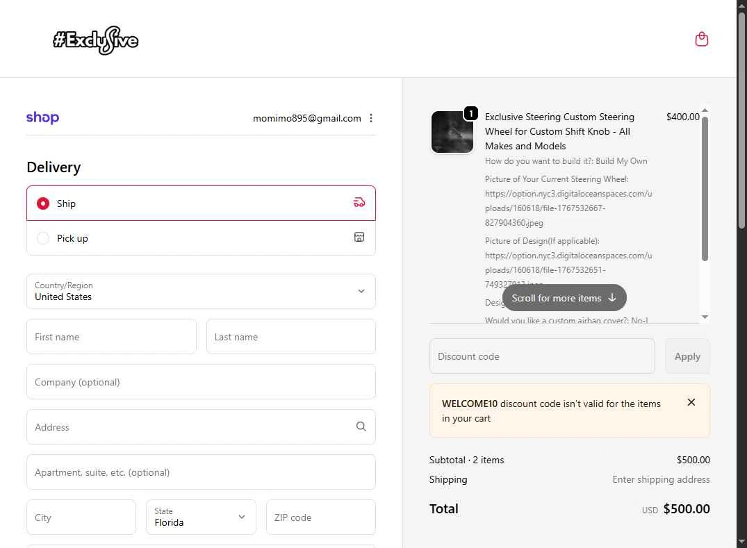 Exclusive Steering checkout page showing Exclusive Steering promo code box | Screenshot taken by SimplyCodes community member on Jan 4, 2026