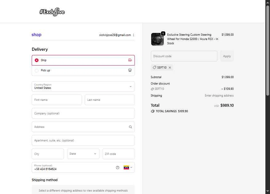 Exclusive Steering checkout page showing Exclusive Steering promo code box | Screenshot taken by SimplyCodes community member on Sep 25, 2025