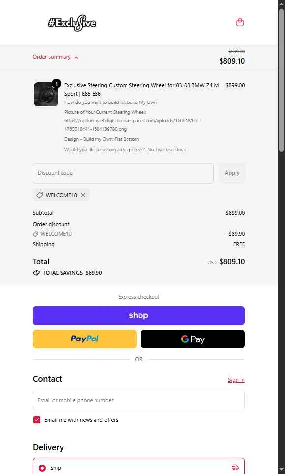 Exclusive Steering checkout page showing Exclusive Steering promo code box | Screenshot taken by SimplyCodes community member on Dec 6, 2025