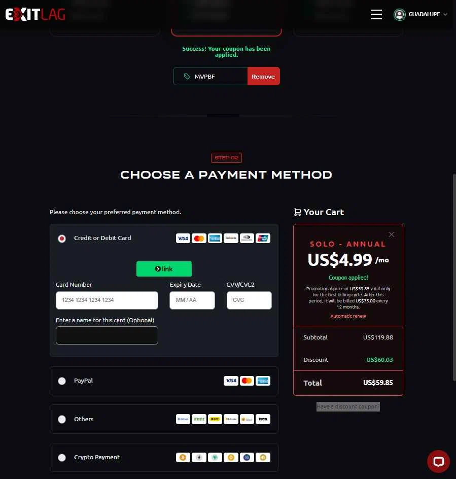 ExitLag checkout page showing ExitLag discount code box | Screenshot taken by SimplyCodes community member on Jan 24, 2026